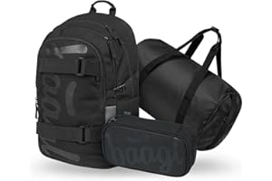 Baagl Schulrucksack Set Jungen 3 Teilig (Skateboard Rucksack, Mäppchen, Sporttasche), Schultasche ab 3. Klasse, Grundschule Ranzen mit Brustgurt, Ergonomischer Schulranzen, 25 l