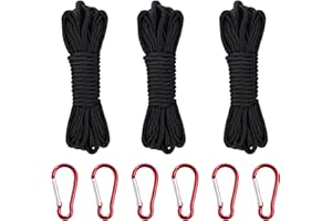JRJRN 3 Pcs Multi-Functional Nylon Rope, 4MM Thick Black Nylon Rope, String Strong Traction Tying Rope, Braided Nylon Cord, Heavy Duty Hanging Cord with 6 Mountaineering Buckles for Camping, Outdoor, DIY