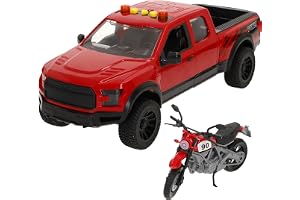 ColorBaby Speed & Go bil pickup med motorcykel, friktionssystem, ljus och ljud, funktionella dörrar, räddningsfordon, skala 1:12, barn från 3 år (39310)