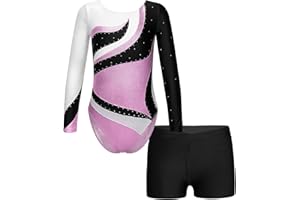 JanJean Kinder Mädchen Gymnastikanzug Glänzend Ballettanzug Langarm Turnanzug Ballett Trikot mit Kurze Hose Wettbewerb Tanzkostüm