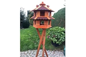 DARLUX Vogelvilla wetterfest von L bis XL Futterhaus Vogelhaus mit oder ohne Ständer in Braun mit Rot, Grün oder Blau für Garten und Balkon (Größe L mit Ständer, Rot - Braun)