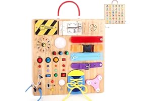 KONIJIWA 23 in 1 Montessori Busy Board Dzieci w Wieku 1 Roku Drewniana Zabawka z 15 Przełączników i 26 Diody LED, Pozytywka, zamek, sznurowadła, zamek błyskawiczny Zabawka Sensoryczna