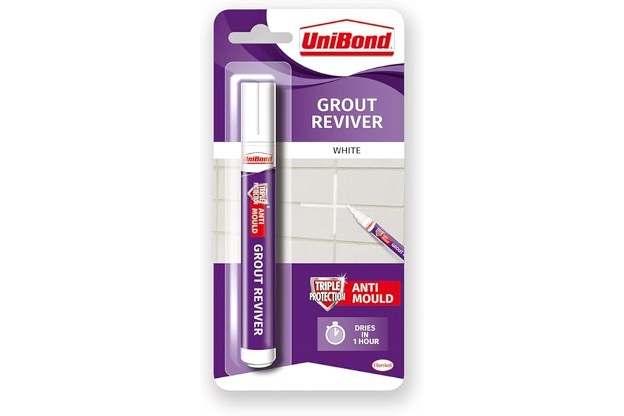 Unibond Grout Reviver Pen, White Grout Pen for Bathroom Grout Joints, Easy to Use Tile Grout Pen, Whitener for Restoring Discoloured & Faded Joints, 1x7ml