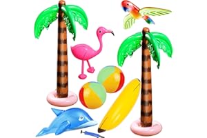 AWCIGG 9 Stück Palmen Aufblasbar Spielzeug Set,Aufblasbar Flamingo Palmen Banane Papageien Delphin Strand Bälle mit Luftpumpe, für Luau Party Strand Hintergrund Sommer Schwimmbad Hawaii Deko