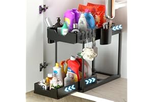 PNNP Organizer przesuwny 2-poziomowy do umieszczenia pod zlewem, organizer pod zlew z 4 haczykami i 2 koszami, stojak-organizer do kuchni, do przechowywania produktów w kuchni, łazience, na produkty