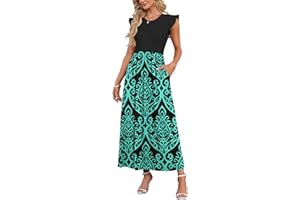 AUSELILY Damen Sommer Maxikleid Rüschen und kurzen Ärmeln Bodenlanger Rock mit Taschen Freizeit Strandkleid