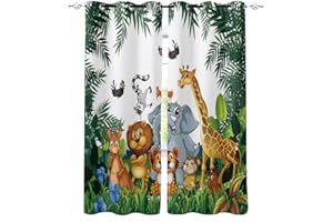 SDSONIU Tropische Dschungel-Cartoon-Tier-Giraffenlöwe Lion Elefant Vorhang für Kinder Schlafzimmer Wohnzimmer Kindervorhänge Vorhang Blickdicht - Fenster-Behandlung 150 x 166 cm