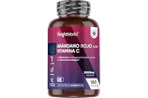 WEIGHTWORLD Arándano Rojo 25000mg, 180 Cápsulas Veganas, 6 Meses de Suministro - Enriquecido con Vitamina C que Contribuye al Funcionamiento Normal del Sistema Inmune (EFSA), Sin Estearato de Magnesio ni OGM