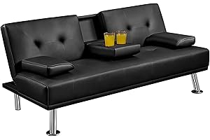 Yaheetech Divano Letto con 2 Cuscini Mobile in Ecopelle Divano Convertibile in Letto Arredamento Pieghevole 3 in 1 con Supporto Centrale Porta Bicchieri 167 × 81,5 × 75 cm da Soggiorno Nero