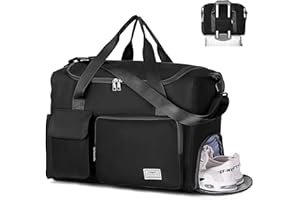 FIORETTO EasyJet Cabin Bag 45x36x20 Underseat Travel Bag with Shoes Compartment, Waterproof Carry On Duffle Weekend Overnight Hospital Trip for Women and Men 32L Black