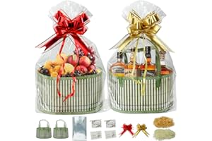 OAOGOD 2 Set 30x20x16cm Empty Hamper Baskets,Woven Bamboo Gift Basket Kit with 2PCS Handles Hamper Baskets 4 Bags 2 Pull Bows 2 Raffia for Christmas,Wedding Gift,Baby Shower,Birthday,Housewarming