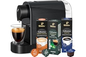 ‎TCHIBO Tchibo Cafissimo „Pure plus“ Kaffeemaschine Kapselmaschine inkl. 30 Kapseln für Caffè Crema, Espresso und Kaffee | 0,8l | 1250 Watt | 11,9 x 33,7 x 24 cm | Schwarz