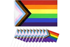 Flaga Pride, RosyFate tęczowa flaga 150 x 90 cm + 10 szt. mini flaga 14 x 21 cm, flaga Lgbtq, flaga Progress Pride, odporna na warunki atmosferyczne, żywy kolor, na święta i uroczystości LGBTQ