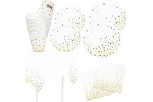 HNH Piatti di carta Tovaglioli e Bicchieri Set con Tovaglia 81 pezzi Bianco con lamina d'oro