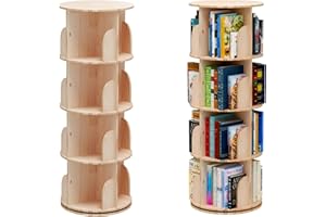PTUWODS Drehbares Bücherregal, Standregal, 360 Grad, Lagerregal für Kinder und Erwachsene, multifunktionales Bücherregal Massivholz (4 böden)