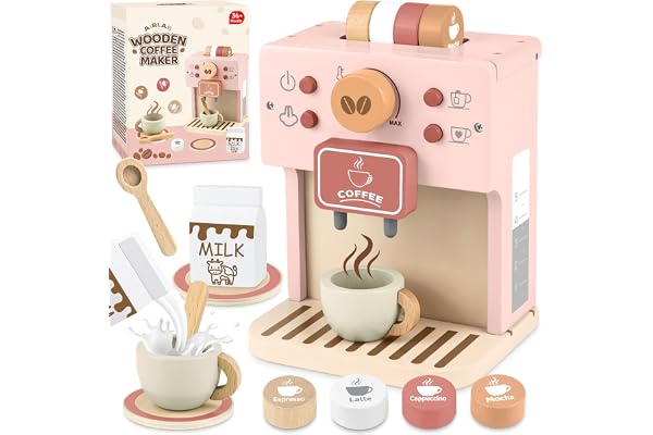 Airlab Träkaffemaskinleksak, Leksakskökstillbehör, Barista Shop Rollspelset med Leksaksmat, Utomhuspicknick & Eftermiddagste-leksaker för Flickor och Pojkar 3-5 år