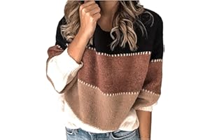 GENERIC Pull Chaud Femme Manche Longue- Pull Hiver Rayures Couleur Assortie Col Rond Coupe Ample Décontracté Sweater Chic Et Élégants Confortable Doux Tempérament Pullover Passe-Partout Chandail