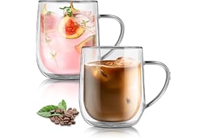 Joeyan 2*450ml (15oz) Set Tazzine Caffe,Bicchieri da Espresso a Doppia Parete con Manico,Vetro Borosilicato,Bicchieri Termici da The,Tazza Termica per Birra Cappuccino Macchiato Succo Acqua Americano