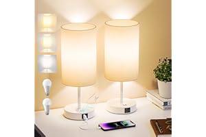 AKARI MIYA Bedside Lamps Set of 2, Touch Lamps Bedside with USB A+C Charging Ports, 3-Way Dimmable Table Lamp with E27 LED Bulbs, Fabric Shade, Metal Base for Bedroom, Living Room & Nightstand (White)