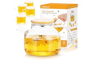ADEL DREAM AdelDream Tetera de Vidrio con Infusor Tetera de Vidrio con Hervidor de Té Seguro para la Estufa Juego para Hacer Té en Flor y Hojas Sueltas 1L+4(125ML)