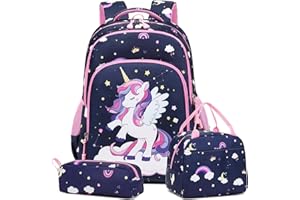 Kimwadalh Backpack for Girls Children School Bag Girls School Bag Sets Girls School Bag Girls School Backpack Children's Backpack for School 1-3 Class for 15 Inch Laptop, Cloud Unicorn - Navy Pink,