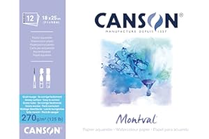 CANSON Montval - Bloc 12 feuilles papier aquarelle grain nuage - 18 x 25 cm - 270g/m² - Blanc