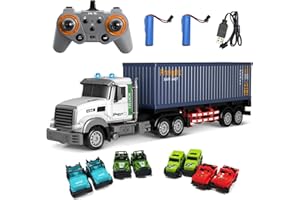 Mostop RC Container Transporter Truck, 10WD ABS & Metal Transport Vehicle,Remote Control Large Transportable Carriages with 8 Trolleys,transporter lorry toy with Lights and Sounds Gifts