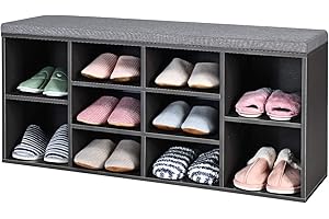 CASART Shoe Bench, 10 Compartments Shoes Storage Organiser Seater with Cushion and Adjustable Shelf, Entryway Storage Organiser Unit Shoes Racks for Bedroom Living Room Hallway(Grey)