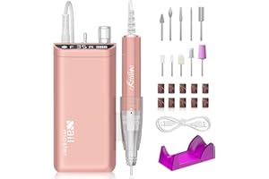 Kredioo Torno para Uñas Profesional 35000RPM, Pórtatil＆Recargable, 10 Brocas Lima Eléctrica, Manicura y Pedicura, Pulidor Set, Taladro de Clavo Eléctrico Limado, Kit Set Fresa, LCD con Batería, Rosa