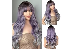 OUFEI Peluca Larga Ombre de Morado a Gris con Flequillo Pelucas Onduladas Naturales para Mujer Pelucas de Pelo Sintético Natural Resistentes al Calor para Uso Diario Fiesta Cosplay Wear