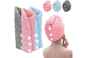 Xkzhrr 3-teiliges Handtuch, Haarhandtuch mit Knopfdesign, Mikrofaser-Handtuch zum Trocknen, (Grau, Rosa und Hellblau)