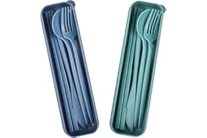 NOEWMUB 2 zestawy sztućców podróżnych z etui, plastikowy zestaw sztućców wielokrotnego użytku, zestawy noży i widelców, przenośny zestaw sztućców z etui do śniadaniówki, na piknik, do biura, do szkoły