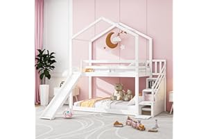 HESHU Etagenbett Kinderbett 90x200, Hochbett Kinder mit Rutsche & 1 Lattenrost Hausbett, Stockbett, Etagenbettrahmen, Spielbett, Jugendbett, Etagenbett, ohne matratze (weiß mit Rutsche & treppe)
