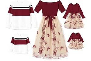 PatPat Ensemble de Tenues familiales à Manches Longues - Look Partenaire - Robe mère Fille - T-Shirt à Manches Longues et Robe mère Enfant - Vêtements pour l'automne et Le Printemps/Homme et garçon
