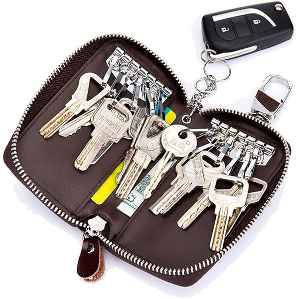 MANBANG Italian Leather Zipper Key Case - Cowhide Keychain With Hook, Holds 12 Keys & Cards, 4.7x3x1.2in