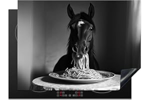 KitchenYeah© Protege Plaque Induction 71x52 cm Decoration Cuisine Tapis de Protection Pour Plan De Travail Cuisson Protégé Cheval - Assiette - Pâtes - Nappe - Noir et Blanc - Animaux