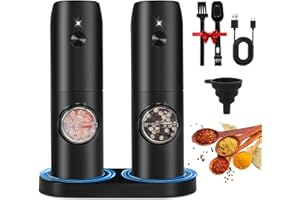 UCAMP Macina Sale e Pepe Elettrico con Base Ricaricabile,Macina Pepe Automatic,Macinaspezie con Granulosità Regolabile,Macina Spezie con Pennello e Cucchiaio,Luce Led,per Barbecue,Ristorante Cucina
