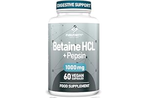 Betaine HCl Pepsin - 1000 mg - 60 Capsules - High Strength for Sensitive Digestion - Clean Betaine Hydrochloride to Support Protein Breakdown - FuelFinity® Superlative Quality
