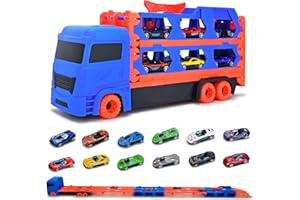 Donaky Camion Transporteur Voiture Jouet pour Enfant Portable Conception Pliable à 3 Couches avec 12 Voitures de Course Camion Jouet Enfant pour Les Garçon de 3 4 5 6 Ans, Bleu