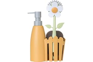 Vigar - Set Fregadero - Pack Soporte, Cepillo Lavaplatos, Esponja - ‎7 x 14 x 26.5 cm - Flower Power - con Dispensador - Bandeja de 3 Piezas - Naranja