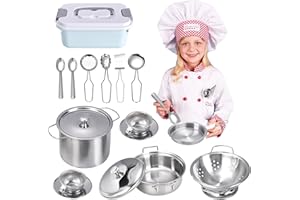 Farnirvana 17 Pièces Accessoire Cuisine Enfant, Ensemble de Cuisine pour Enfant, Ustensile Jouet en Acier Inoxydable Bois pour Enfants, pour Garçons et Filles 3-6 Ans