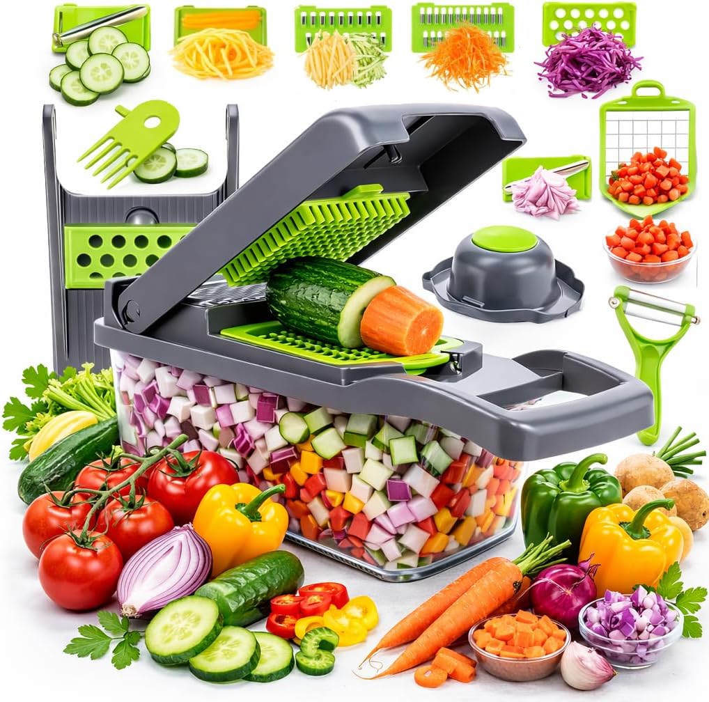 Mandolina de Cocina Profesional, Cortador de Verdura y Picadora de Verduras 16 en 1 – Cortador de Verduras y Picador de Verdura y Frutas – Mandolina Cocina, Cortador y Picadora Verduras