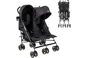 Jovikids Passeggino Doppio Ultraleggero per Neonati e Bambini (0-36 Mesi), 15 kg Max per Sedile, Cappottina Allungabile, Schienale Regolabile, 2 Cestini Spaziosi, Ideale per Gemelli/Fratelli (Nero)