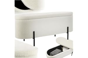 TecTake® Banco con Almacenaje, Mueble Dormitorio Acolchado, Tejido Bouclé, hasta 150 kg, Taburete Reposapiés con Espacio de Almacenamiento, Puff Almacenaje, Patas de Acero - Bouclé Blanco/Crema