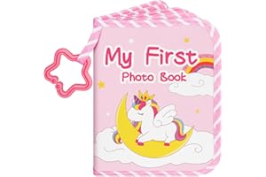 Lanpn Baby Fotoalbum 17 10x15 Fotos, Babyalbum mit Beißring und Anhänger Fotobuch zum Stoff, Einsteckalbum Erinnerungsbuch zum Gesichter Namen merken Geschenke für Kinder Mädchen Geburtstag (Einhorn)
