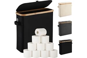 FUBEGI Toilettenpapier Aufbewahrung Korb mit Deckel aus Bambus für Mega Toilettenpapier, Toilettenpapier Stehend Klopapier Aufbewahrung Box Bad WC-Papier Badezimmer Organizer, Ersatzrollenhalter, Schwarz