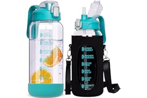 DEARRAY 2l Gourde Verre Motivation avec Paille et Marqueur de Temps 2 litres grand transparente Bouteille eau Verre Borosilicaté Carafe eau Pichet en Verre