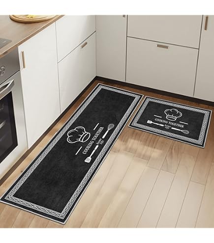 Lot De 2 Tapis De Cuisine Lavables - 40x60 Cm + 40x120 Cm - Absorbants, Antidérapants - Pour Sol Cuisine, Entrée, Salle à Manger - 9