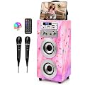Dynasonic Machine Karaoké Portable Bluetooth avec 2 Microphones, USB/SD/AUX, Lumières LED, Batterie Rechargeable – Cadeau Enfants Anniversaire et Fête