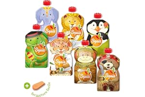 Lot de 7 Gourdes Réutilisables 130ml | Collection Carnaval | Pour Bébé, Enfant et Adulte | Sans Substances Nocives | Compotes, Purées, et Smoothies | Fabriquées en France | Squiz